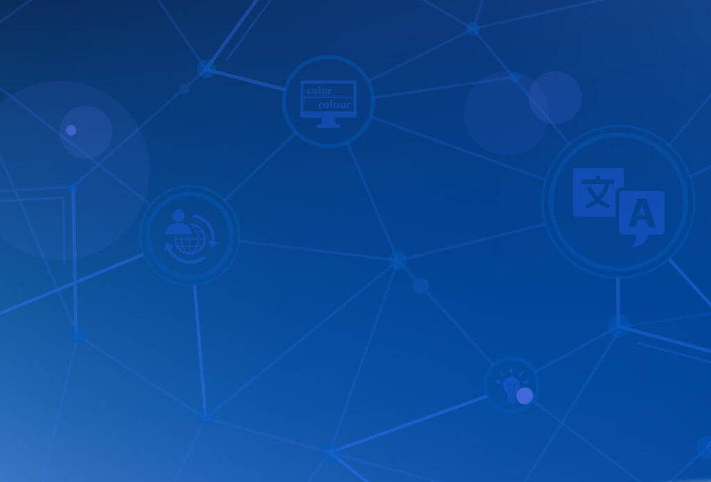 Abstract background with blue gradients showing connected lines to icons related to translation services.