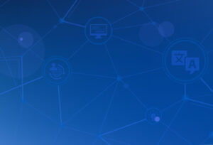 Abstract background with blue gradients showing connected lines to icons related to translation services.